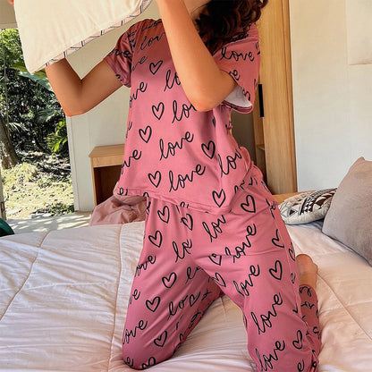 Love Heart Print Round Neck Short-Sleeve Pajama Set