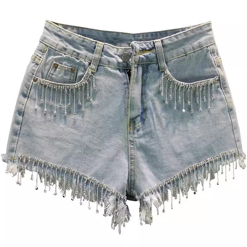 High Waist Edgy Rhinestone Tassel Denim Shorts