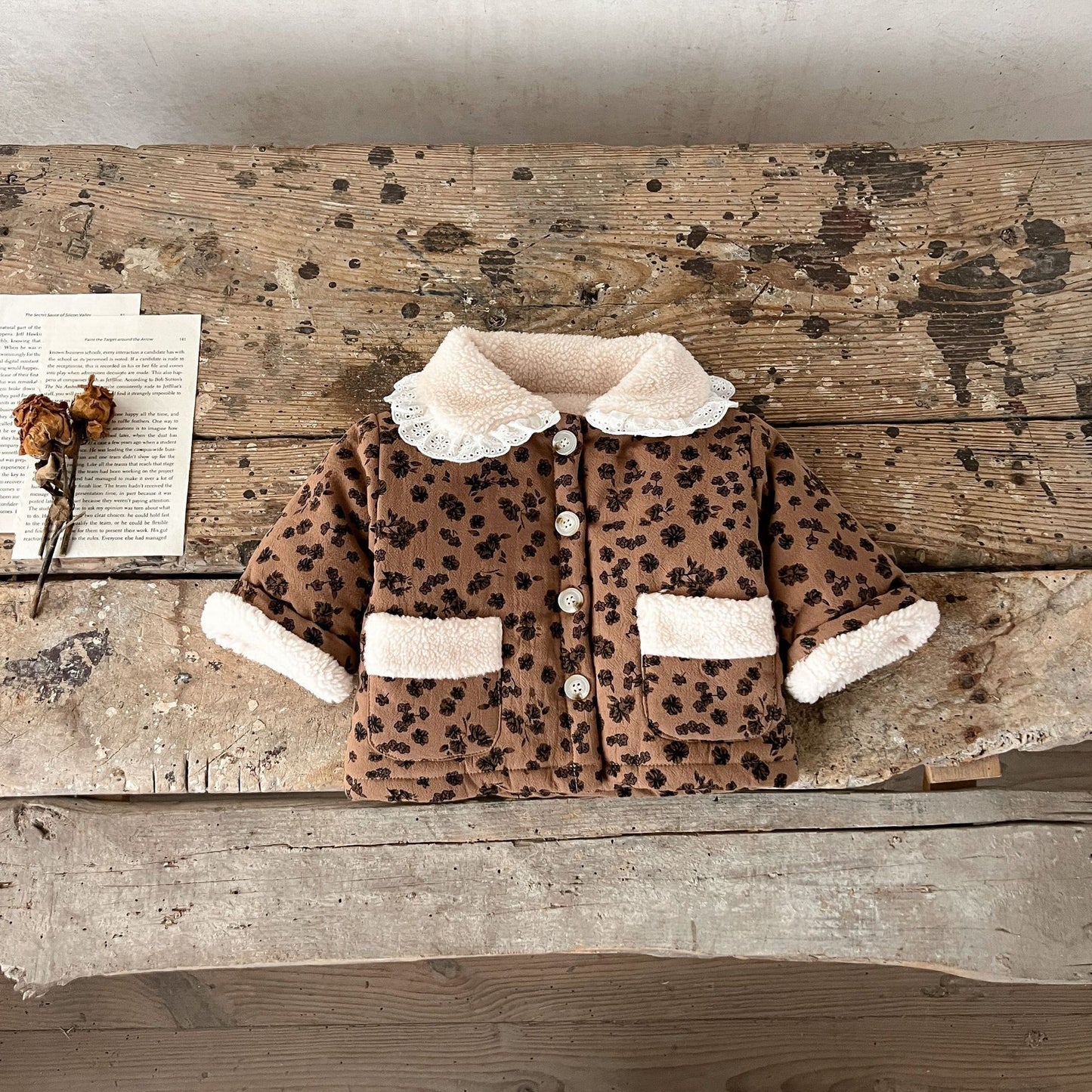 Baby Girls Floral Lace Lapel Puffer Jacket with fur lining