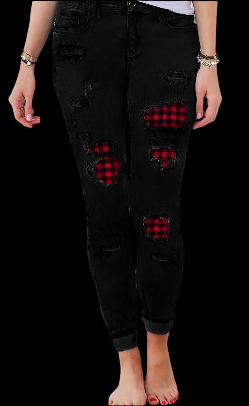 Black Women's Printed Patchwork Denim Stretch Jeans