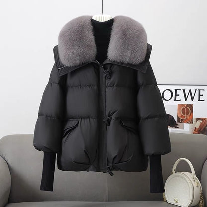 Black Down Cotton-Padded Jacket with a Large Short Fur Collar