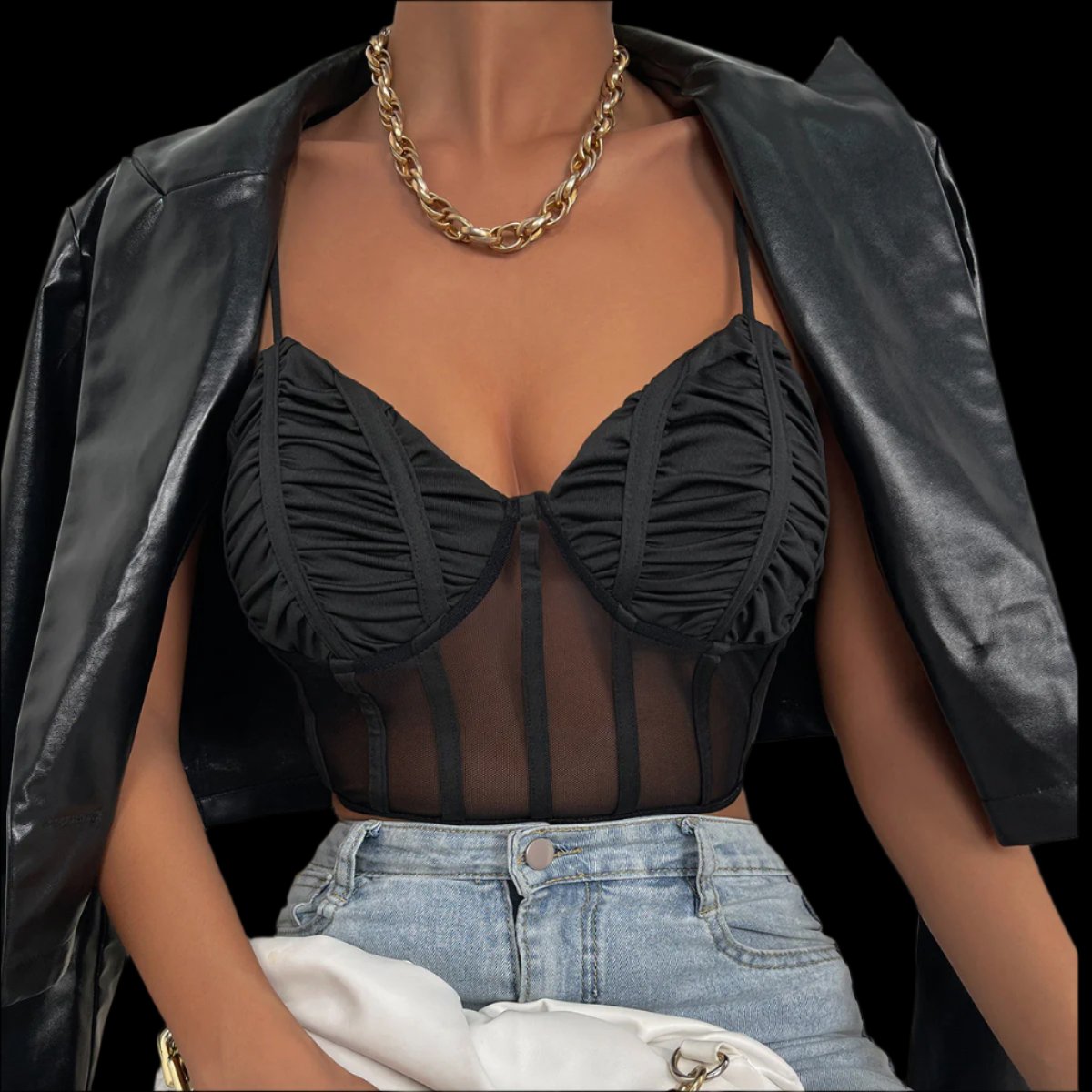 Hot Sexy Black Fish Bone Mesh & Satin Crop Top