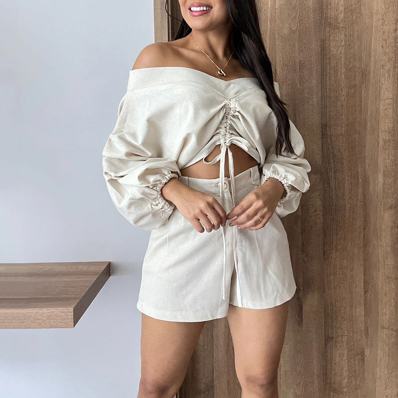 Cream Off-shoulder Puff Sleeve Top & High Waist Shorts Suit