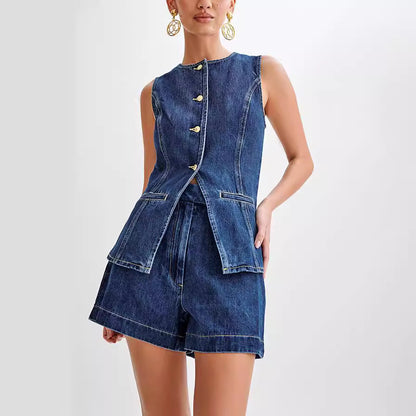 Hot Denim Sleeveless Suit with Button Vest Top And High Waist Shorts