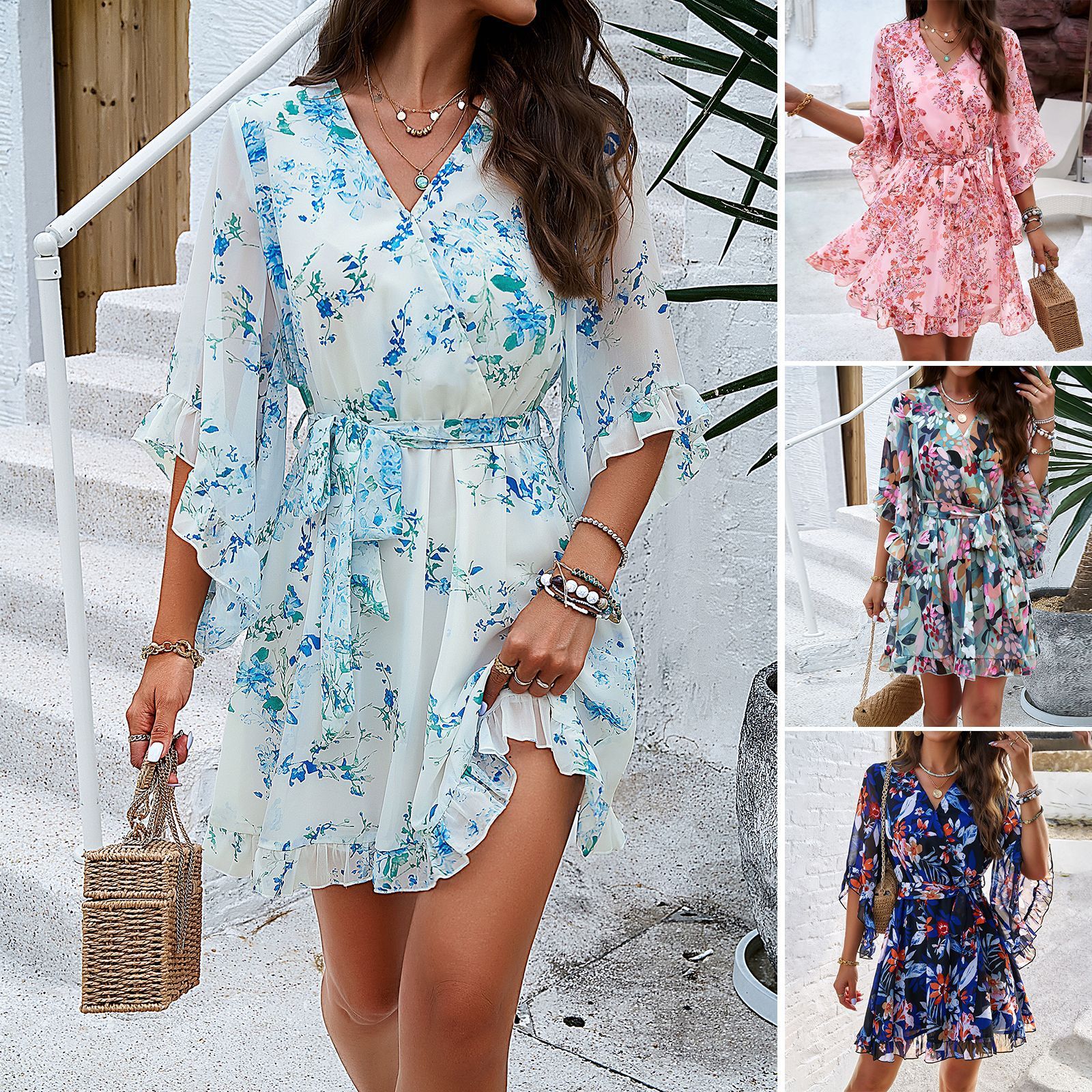 Front view of Women's Summer Floral Short Sleeves Ruffles Dress