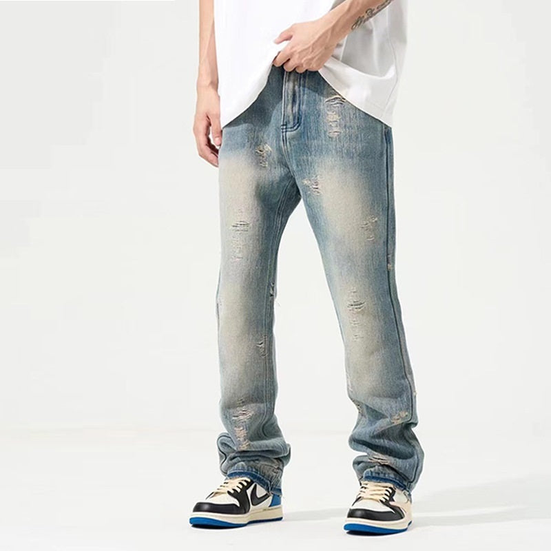 American Retro Washed Look Old Ripped Jeans