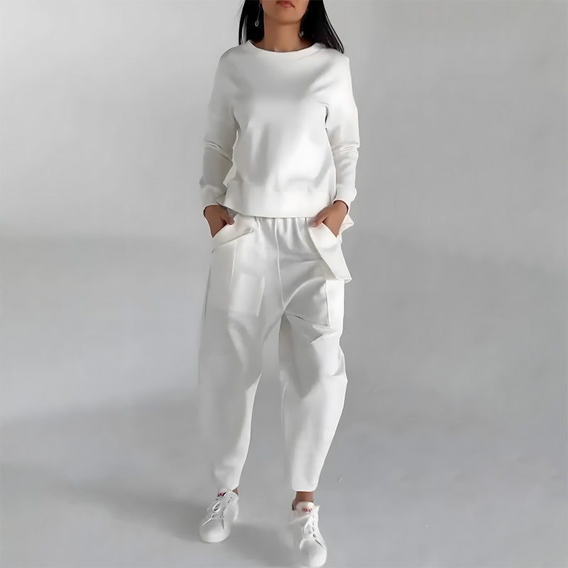 White Women's Unique Design Back Slit & Lace up Top With Pockets & Loose Trousers