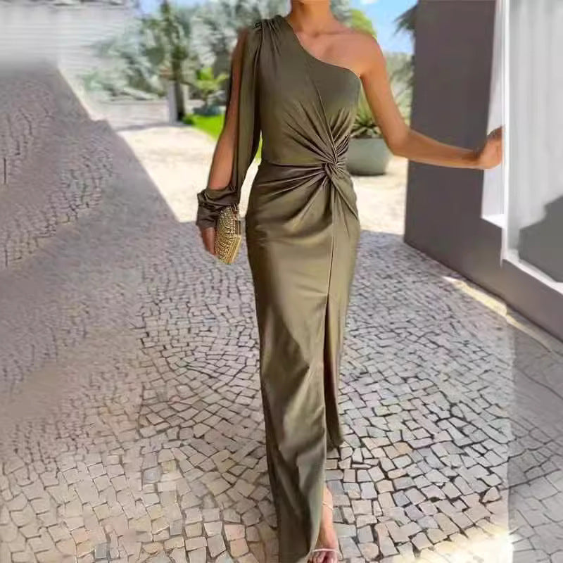 Diagonal Shoulder Knot Split, Solid Army Green Color Slim Fit Evening Dress