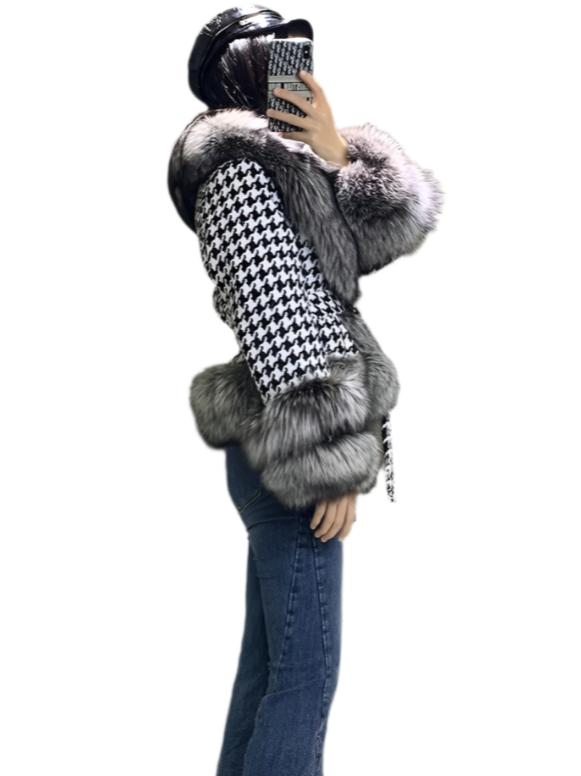 Women's Short Houndstooth Coat with Fox Fur Trim & Collar