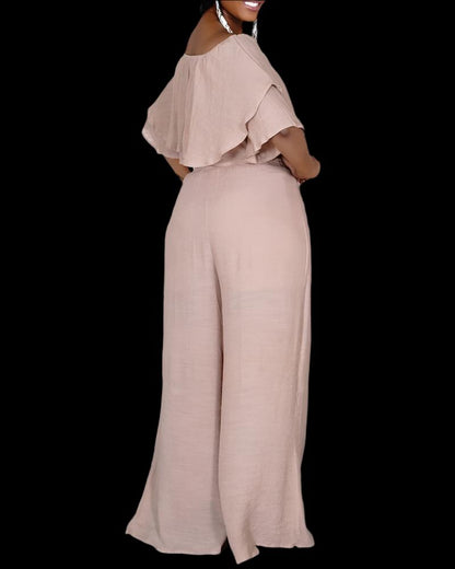 Women's Off The Shoulder Ruffle Top & Wide-leg Pants Suit