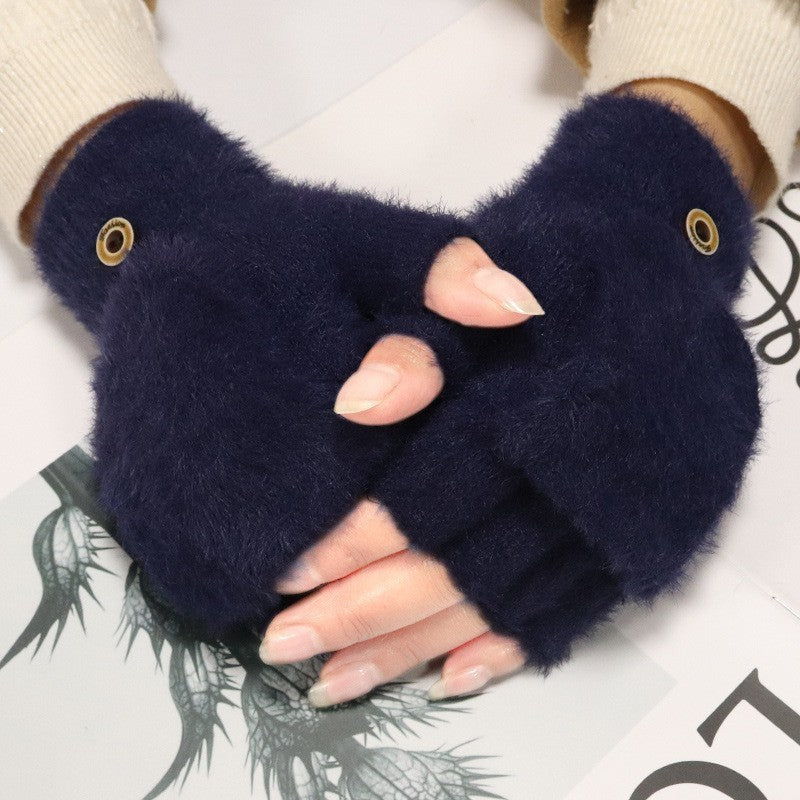 Plush Female Winter Warm Exposed Finger Flip Gloves