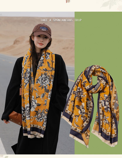 Retro Ethnic Style Peony Flower Cashmere Scarf