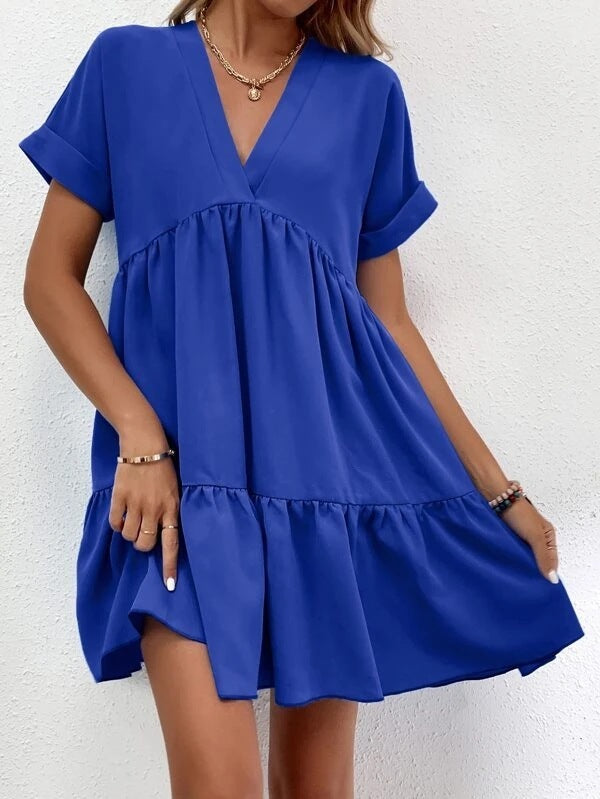 Short-Sleeved V-Neck Ruffled Summer Dress for Ladies