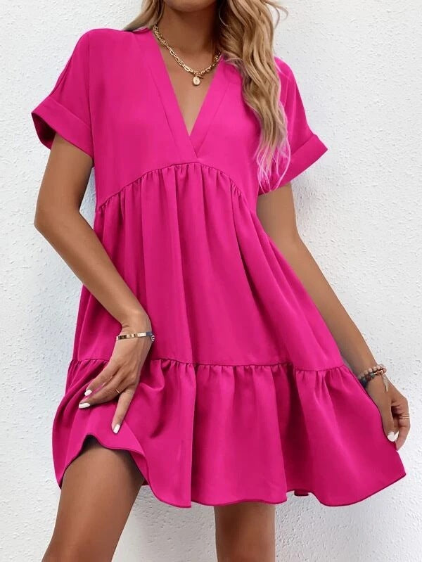 Pink Front view of Ladies Short-sleeved V-neck Ruffled Summer Dress