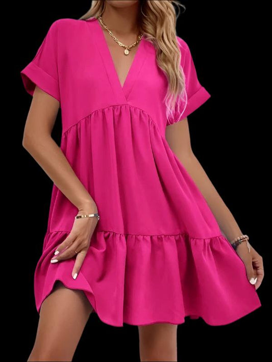 Pink Front view of Ladies Short-sleeved V-neck Ruffled Summer Dress