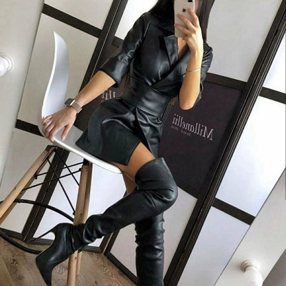 Solid Color PU Leather Suit Collar Dress with Wide Belt