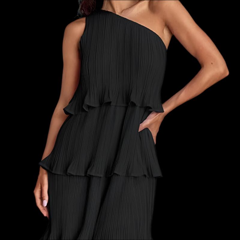 Black Women's Shoulder Layered Stitching Hem Dress