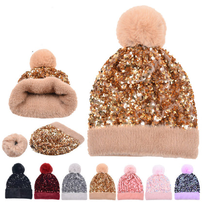 New Sequin Woolen Hat with Large Detachable Pom-pom