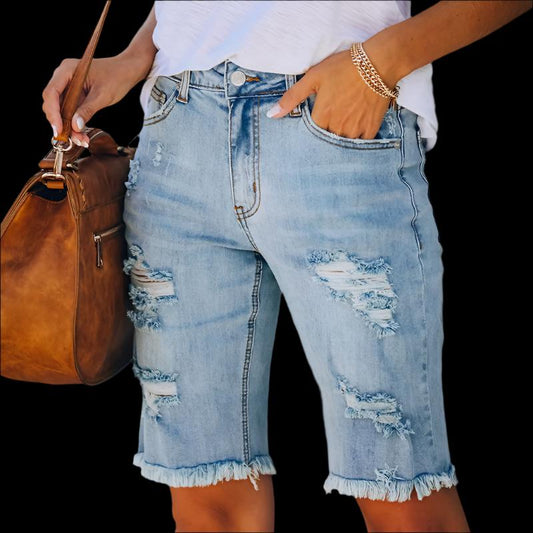 Blue Women's Knee Length Ripped Denim Shorts