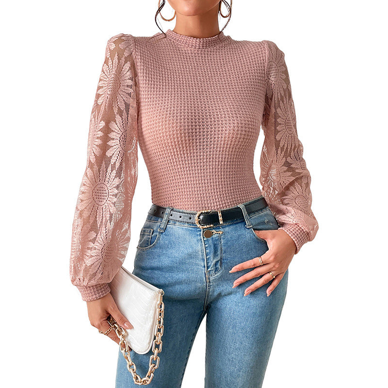 Pink Ladies Graceful Knitted Lace Sleeved Top