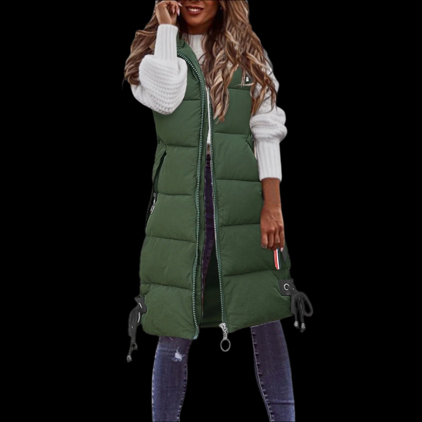 Green Women's Casual Mid-Length Cotton Padded Gillet