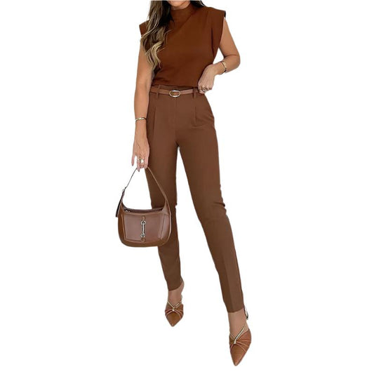 Brown Round Neck Sleeveless Top & Trouser Two-Piece Set