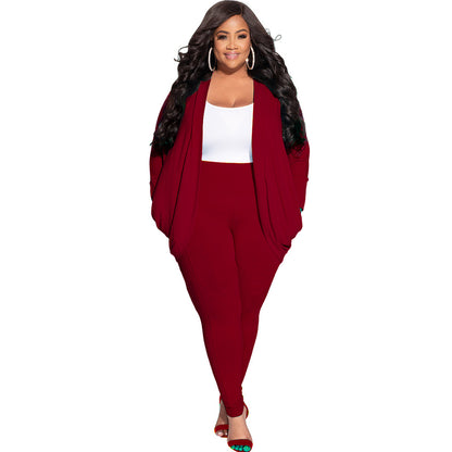 Red Plus Size Drape Cardigan and Leggings Suit