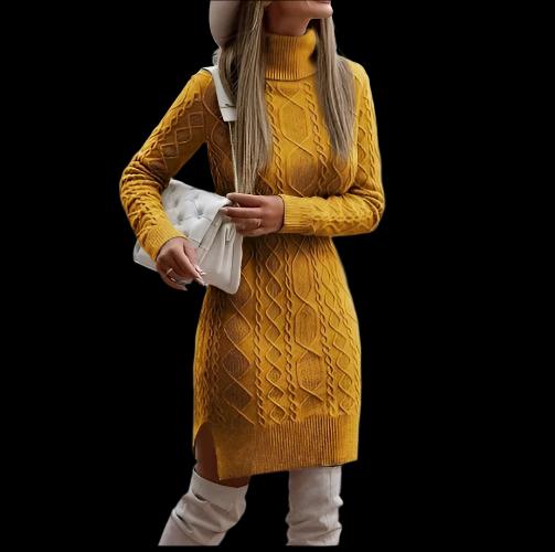 Mustard Yellow Turtleneck Knitted Dress With Slit Design