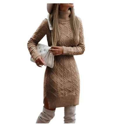 Camel Turtleneck Knitted Dress With Slit Design