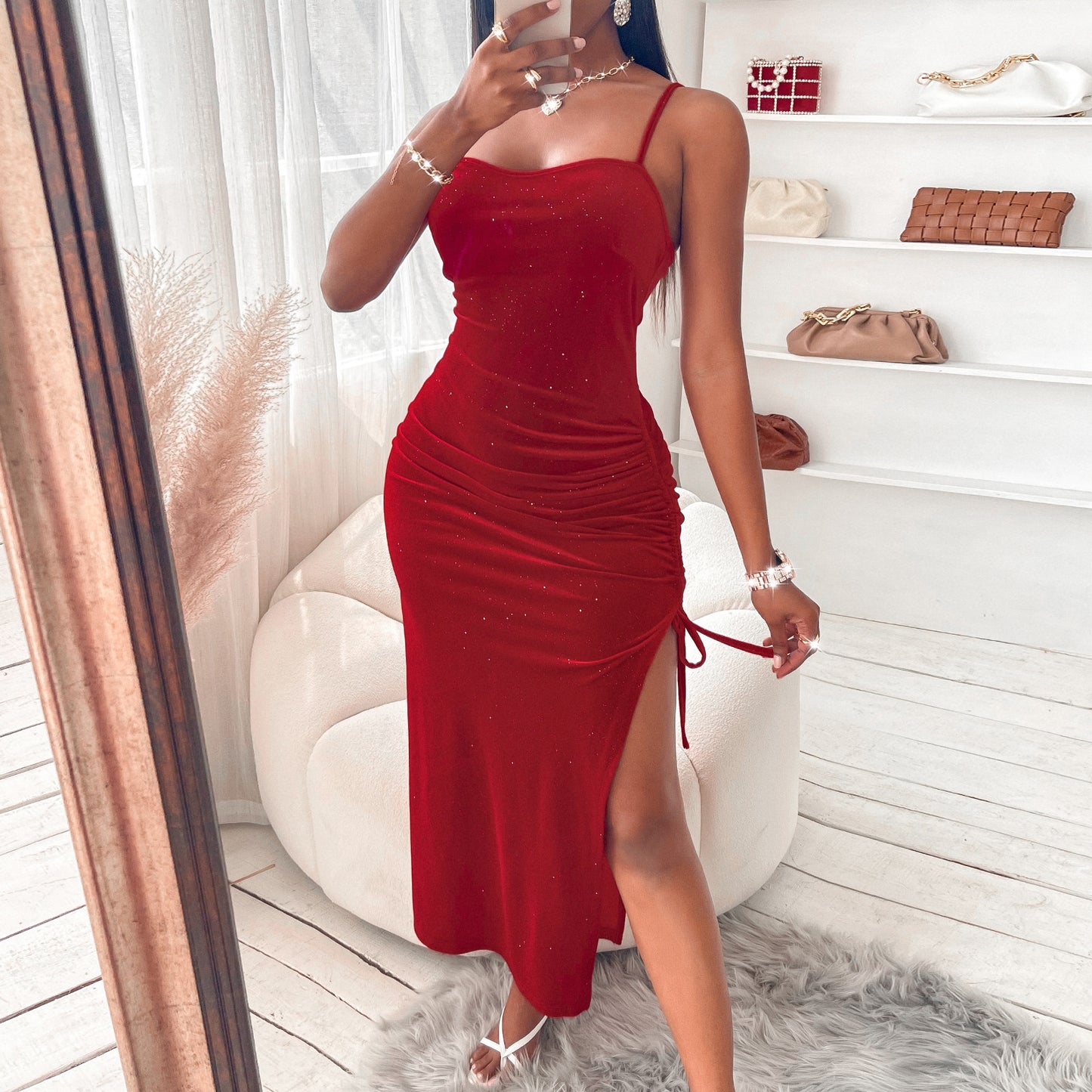 Ladies Long Gorgeous Star Dust Red Evening Dress With Slit