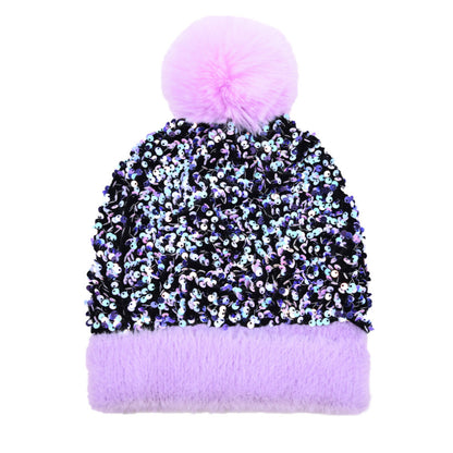 New Sequin Woolen Hat with Large Detachable Pom-pom