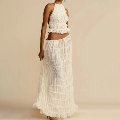 Sexy Backless Halter Top & Pleated Long Skirt Set