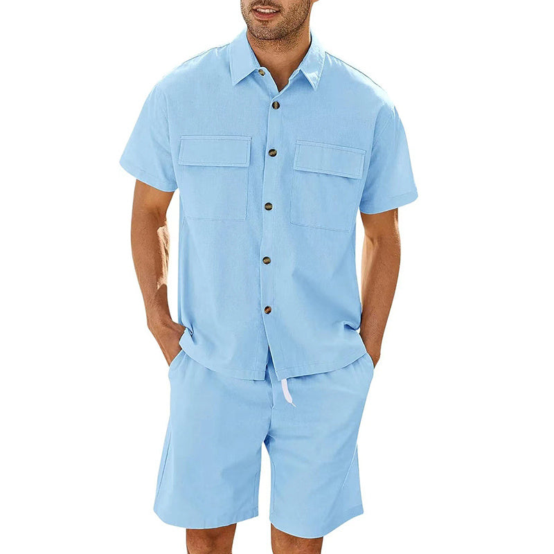 Men Summer Short Sleeve Suit with Lapel Pockets