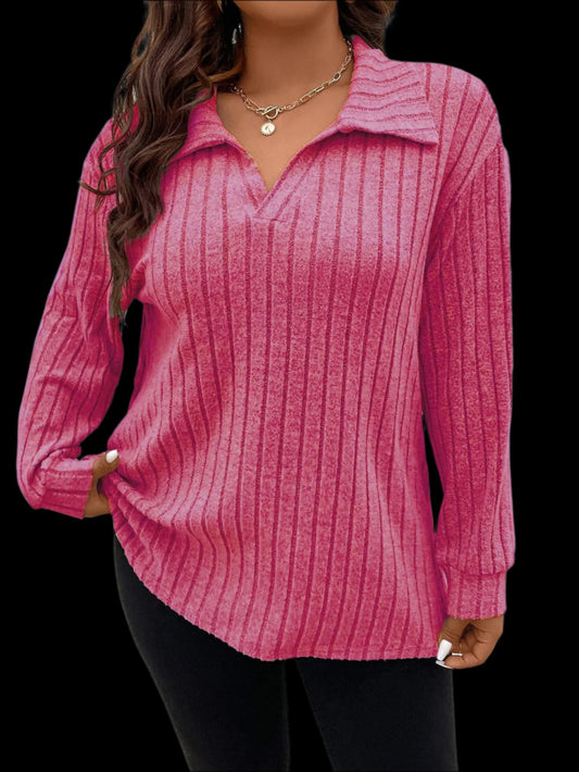 Ladies Plus Size V-shaped Stripe Brushed Top