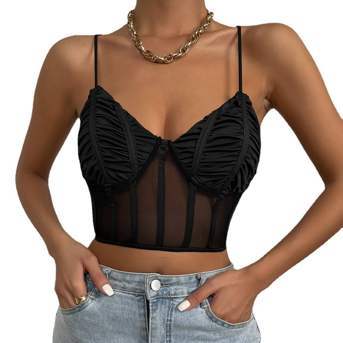 Hot Sexy Black Fish Bone Mesh & Satin Crop Top