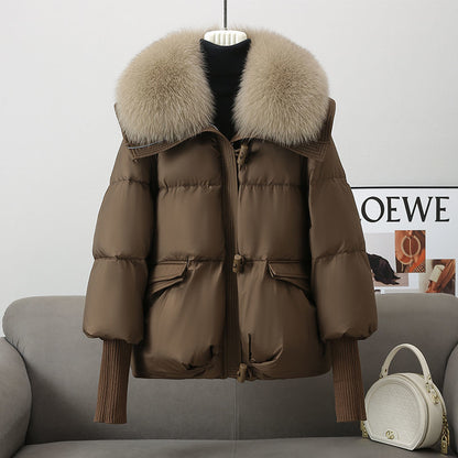 Down Cotton-Padded Jacket with a Large Short Fur Collar