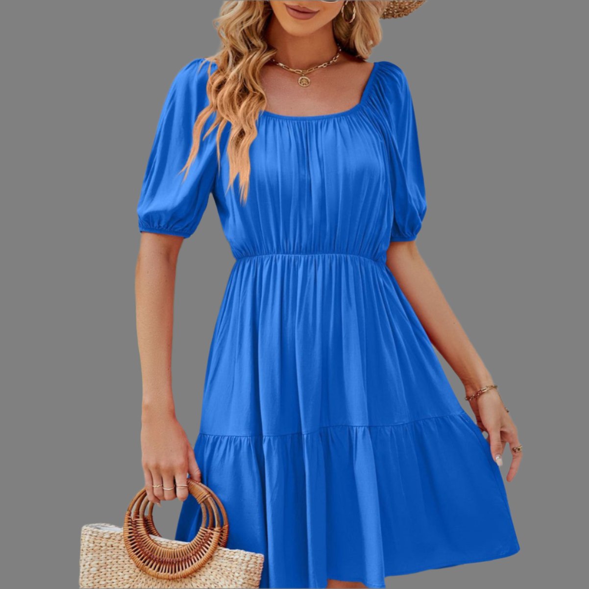 women's blue Square Collar Puff Sleeve Casual Loose Dress