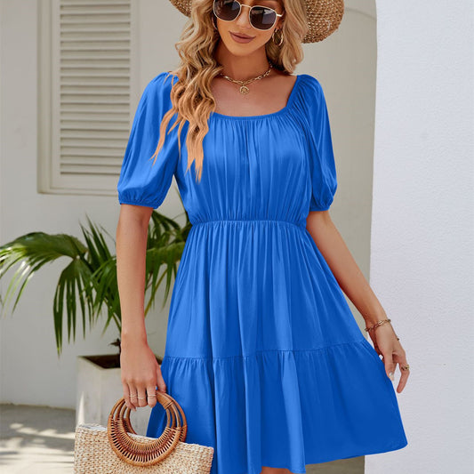 women's blue Square Collar Puff Sleeve Casual Loose Dress