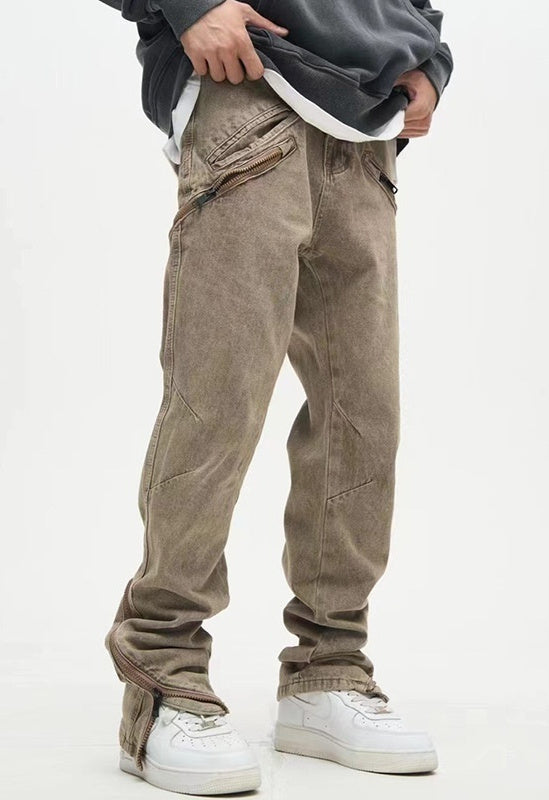 Men's Khaki Retro Wash Denim Casual Pants