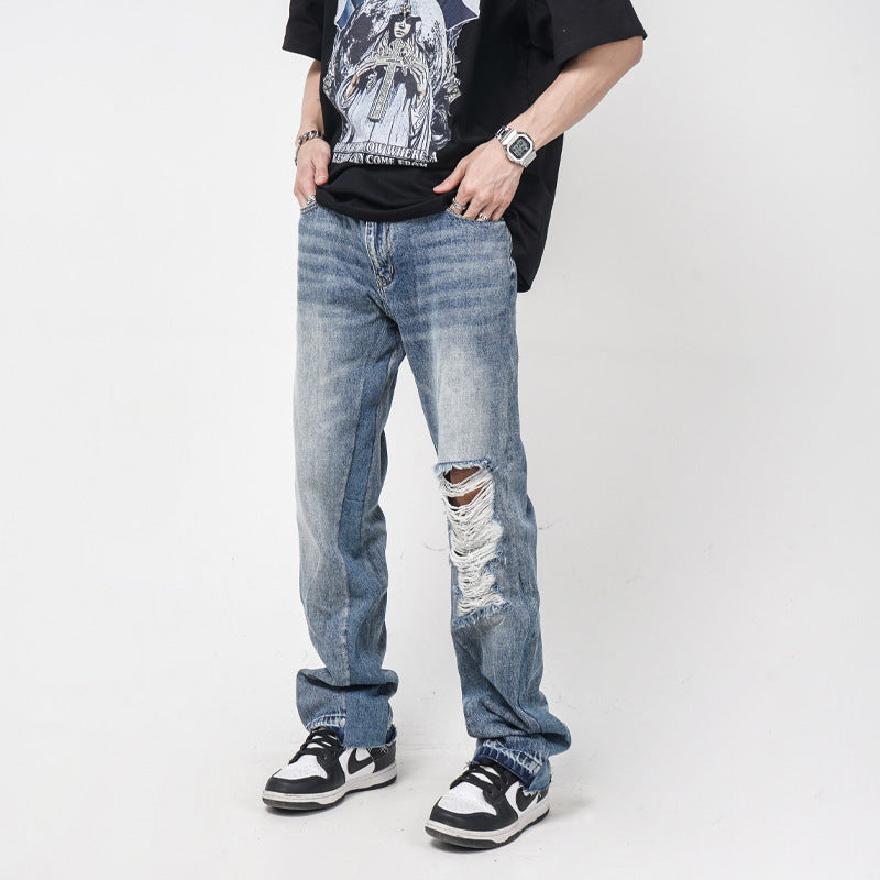 Men's Straight Loose Distressed Ripped Jeans