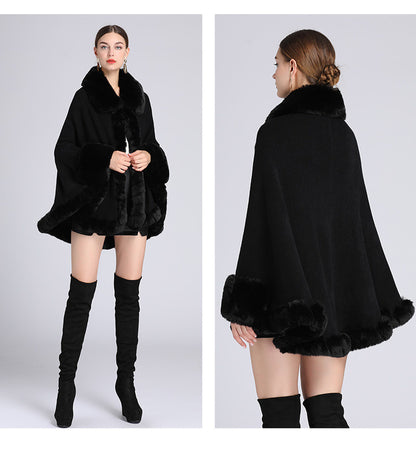 Rex Rabbit Fur Collar Shawl Cape Knitted