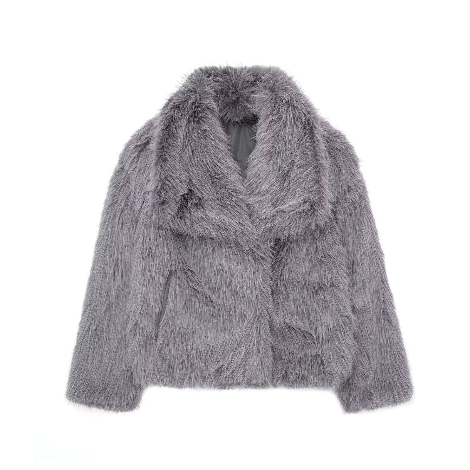 Grey Winter Faux Fur Plush Lapel Coat