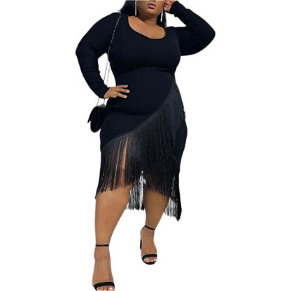 Black Long-sleeved Fringed Sexy Plus Size Dress