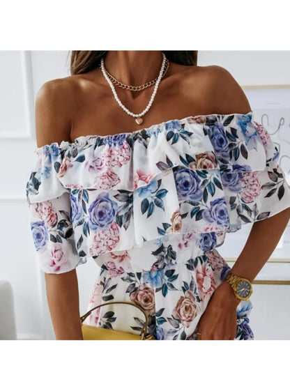 Women's Summer Casual Off-Shoulder Chiffon Flower Dress