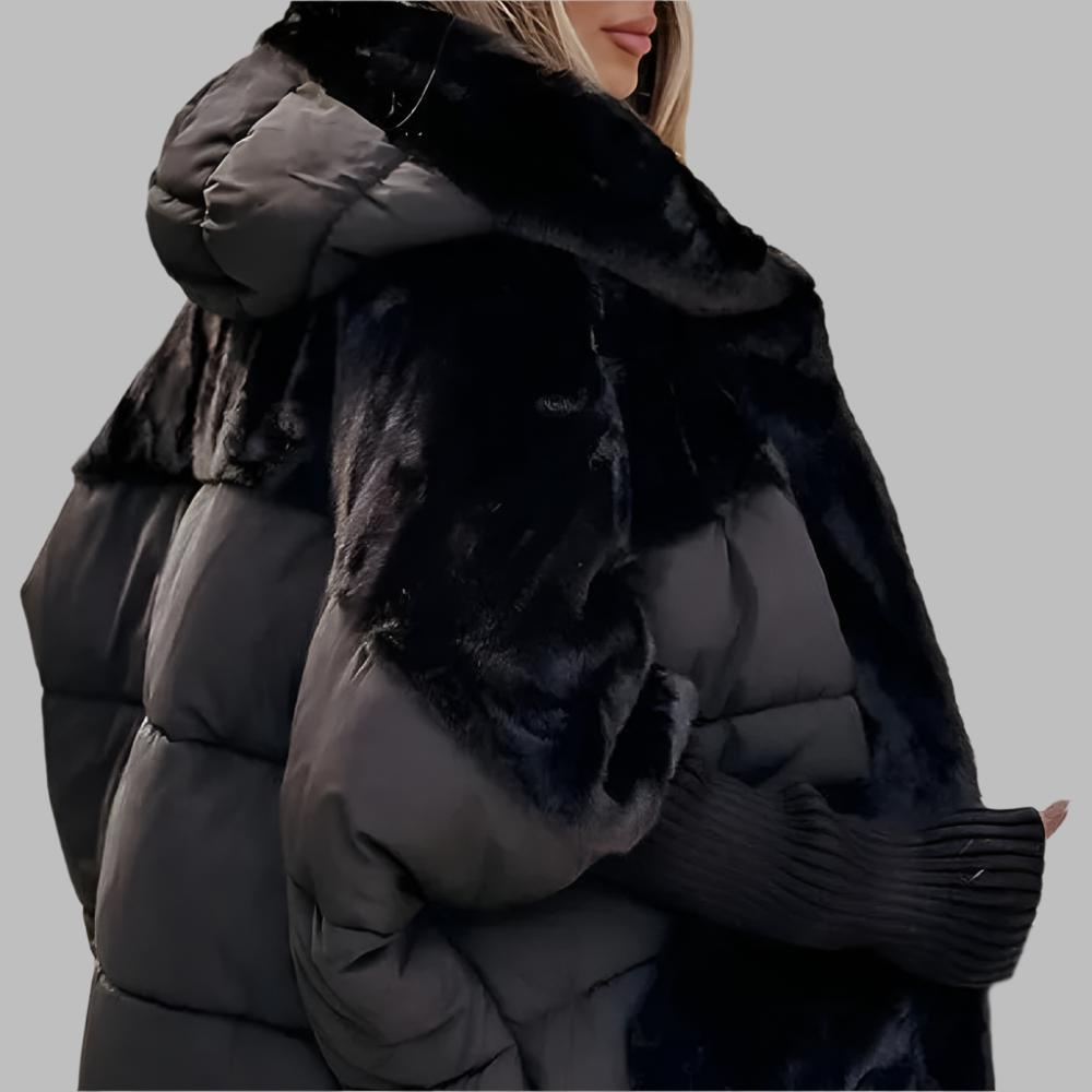 Black Women's Loose Hooded Down Jacket with Faux Fur Trim