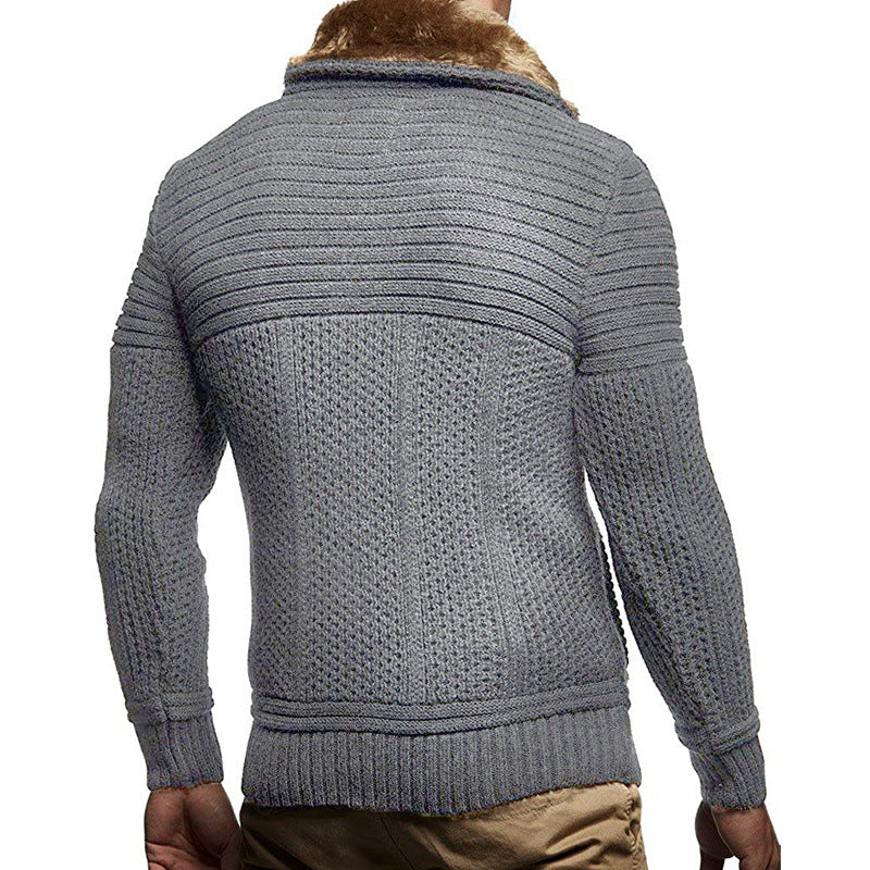 Men's Classic Knitted Cardigan with Fur Collar