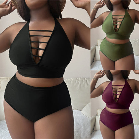 Solid Color Plus Size Hollow Cross Strap Bikini