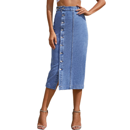 Women's Button Irregular Slit Denim High Waist Skirt