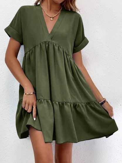 Green Front view of Ladies Short-sleeved V-neck Ruffled Summer Dress