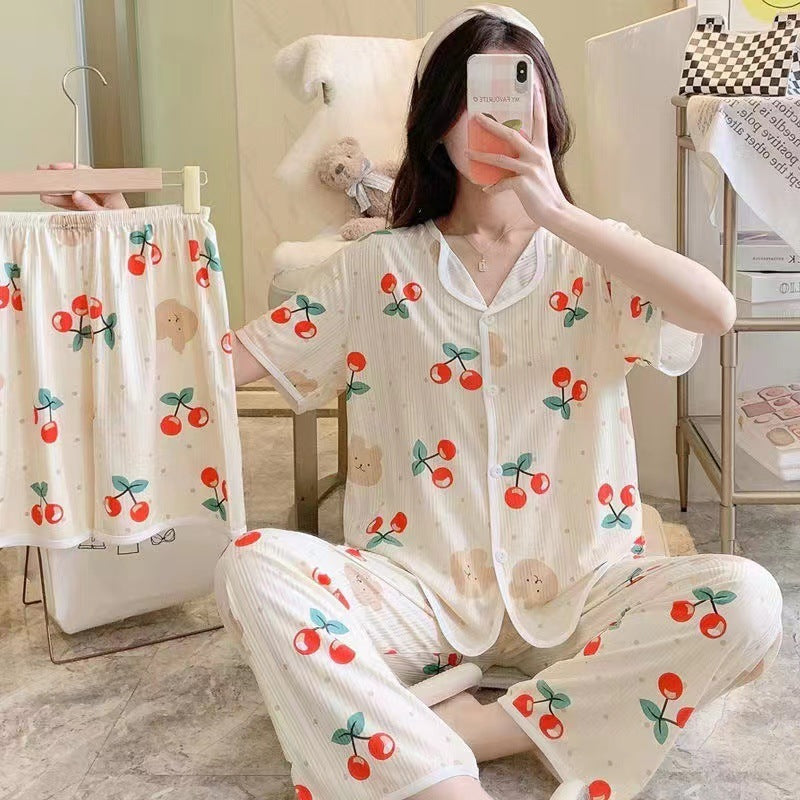 Women's Printed Cotton Three-piece Suit Pyjamas